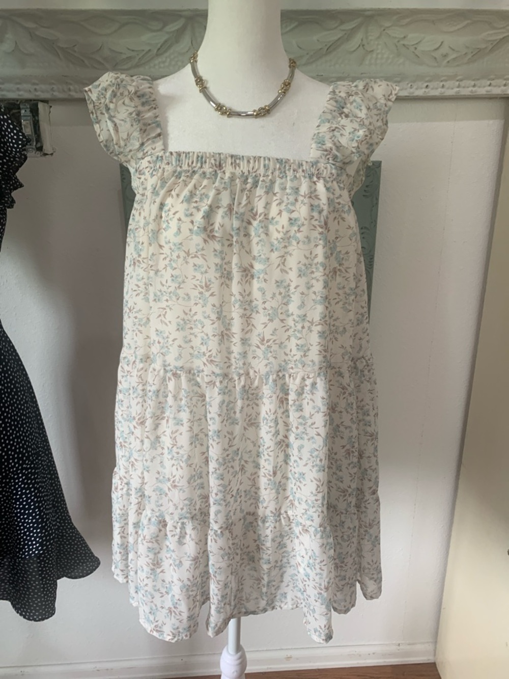 Altar'd State Cream Dress with Blue Floral Ruffle Straps
